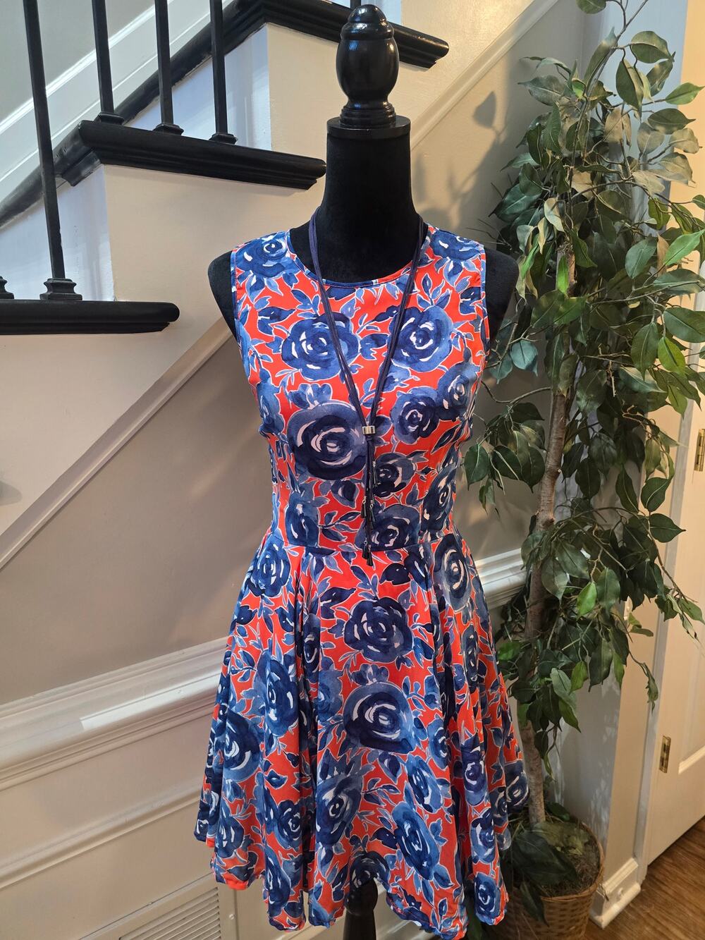 Maison Jules Skater Dress Women's Dress Small Red/Blue Floral Lined Back Zipper